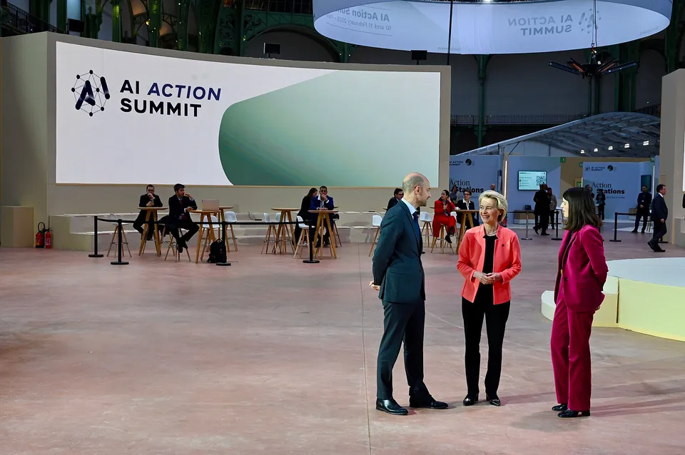 Jean-Noël Barrot, Ursula von der Leyen and Clara Chappaz at the AI Action Summit in Paris.