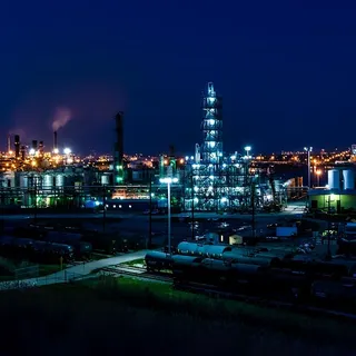 An oil refinery at night